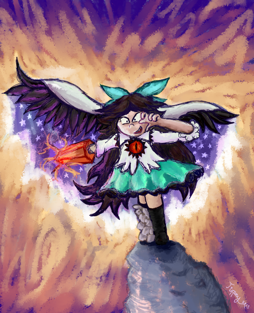 Illustration of a shrine maiden with a set of caped wings and a hair bow stands on a rock with an explosion in the background. She has a nuclear arm cannon and a devilish grin.
